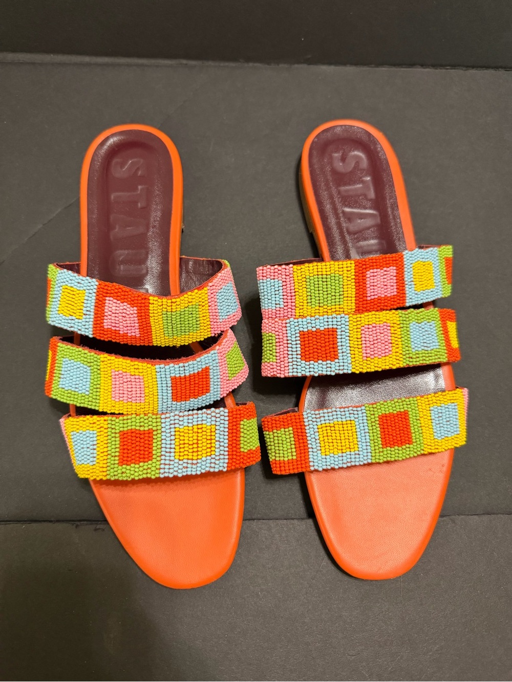 STAUD Orange Slide Sandals with Multicolor Beaded Straps NWOT OR  BOX